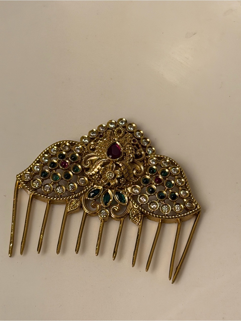Gold-Tone Jeweled Decorative Hair Comb with Red and Green Accents-south Indian